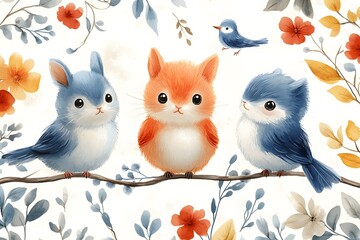 Fototapeta premium Cute Birds and Animals in a Floral Setting
