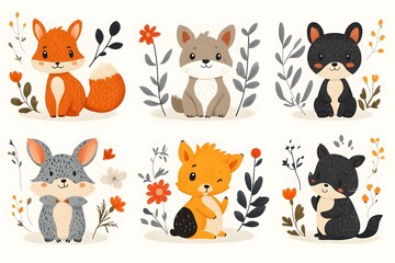 Fototapeta premium Cute Cartoon Forest Animals with Flowers
