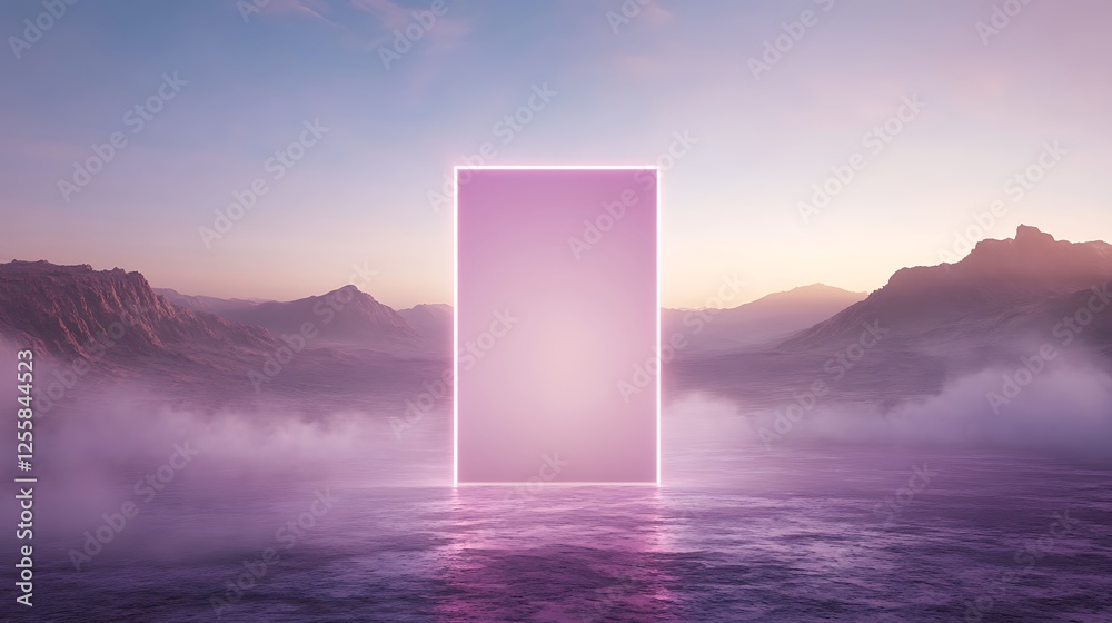 Fototapete a surreal landscape features a glowing rectangular portal amidst a serene body of water and mist, wi