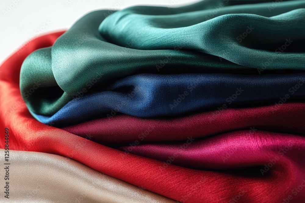 Poster a stack of luxurious satin fabrics in various rich colors, showcasing their smooth texture and elega