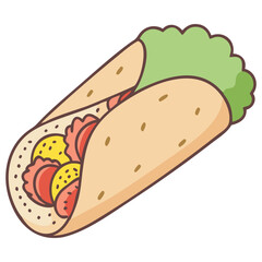 Vector Illustration of Wrap with Meatballs and Vegetables, A colorful vector image of a wrap filled with meatballs, vegetables, and fresh greens, ideal for a hearty meal or snack.
