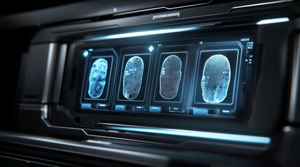 Obraz premium Enhanced Biometric Security Panel with Fingerprint, Retina, and Facial Recognition Technology