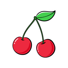 Vector Illustration of Cherries with Leaves, A vibrant vector illustration of two cherries connected by a stem with leaves, perfect for fresh fruit concepts.

