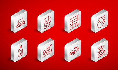 Set line Bullfight, matador, Sangria, House Edificio Mirador, Spanish wineskin, Churros and chocolate, hat, jamon and Orujo icon. Vector