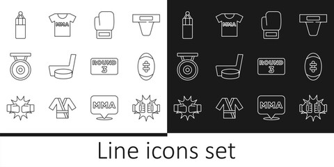Set line Punch in boxing gloves, American Football ball, Boxing, Ice hockey stick and puck, Gong, Punching bag, ring board and T-shirt with fight club MMA icon. Vector