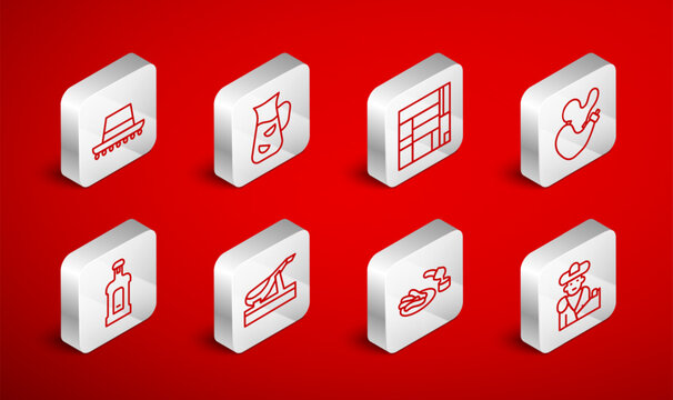 Set line Bullfight, matador, Sangria, House Edificio Mirador, Spanish wineskin, Churros and chocolate, hat, jamon and Orujo icon. Vector