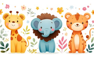 Obraz premium Cute Cartoon Animals in a Floral Setting