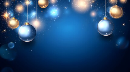 Golden and Silver Christmas Ornaments on Blue Glittering Background