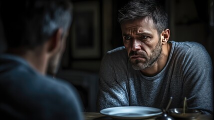 Contemplative Man Reflecting in Dimly Lit Room, Expressing Solitude and Reflection