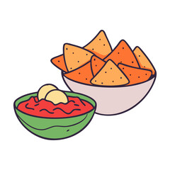 Vector Illustration of Nachos and Salsa Bowl, A colorful vector image featuring a bowl of nachos with a side of salsa, perfect for snack or party concepts.
