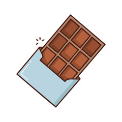 Broken chocolate bar in open wrapper vector, Flat vector illustration of a partially unwrapped chocolate bar with a broken corner, revealing square chocolate pieces. Simple cartoon design.  
