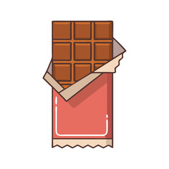 Chocolate bar in partially opened wrapper vector, Illustration of a chocolate bar in a partially opened red wrapper, showing square chocolate pieces. Simple flat vector design.  
