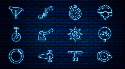 Set line Bicycle bell, Stopwatch, brake, Unicycle or one wheel bicycle, seat, sprocket crank and pedals icon. Vector © vector_v