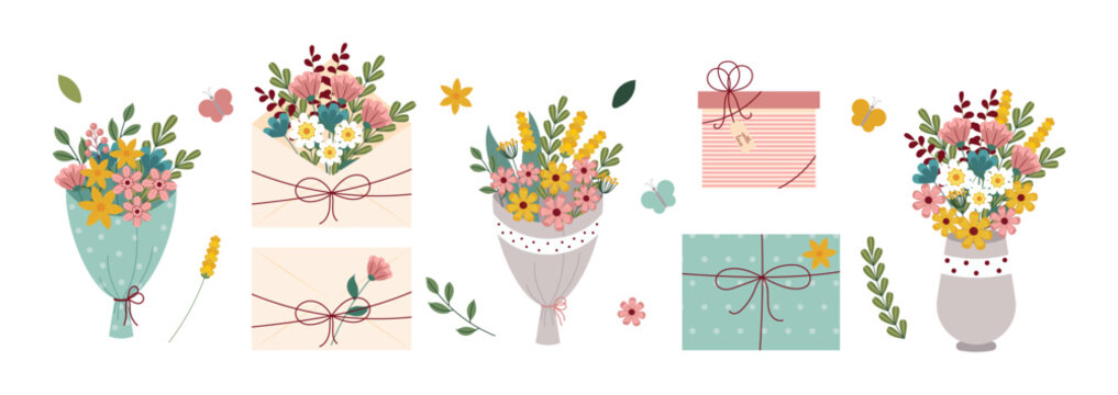 Set of envelopes and bouquets with floral arrangements in flat style. Concept of holiday, arrival of spring. Design for Women's Day, Mother's Day and Birthday. Vector illustration