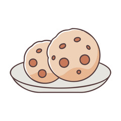 Chocolate Chip Cookies on a Plate Illustration, A charming vector illustration of two delicious chocolate chip cookies resting on a plate, ready to be enjoyed.
