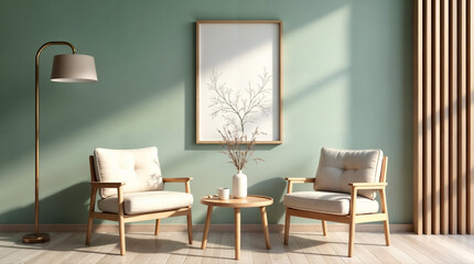 A beautifully arranged minimalist living space featuring neutral-toned wooden furniture, a soft green wall, and nature-inspired decor, creating a cozy and sophisticated ambiance.
