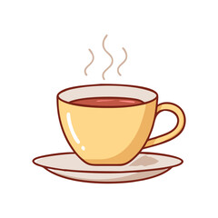 Steaming Hot Coffee Cup on Saucer Illustration, A bright vector illustration of a yellow coffee cup with steam rising, resting on a plate, filled with hot coffee.
