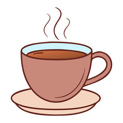Hot Coffee Cup with Steam Illustration, A simple vector illustration of a brown coffee cup with steam rising, filled with hot coffee on a plate.
