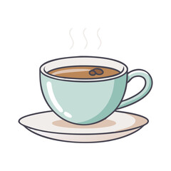 Cup of Hot Coffee with Steam Illustration, A colorful vector illustration of a mint green coffee cup filled with hot coffee, steam rising from it.
