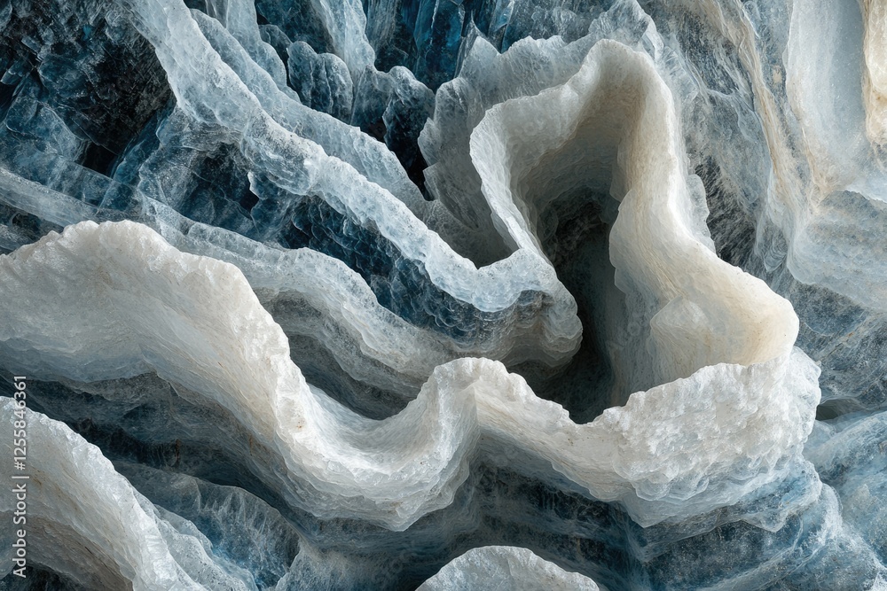 Poster abstract close-up of ice formations, showing intricate layers and textures in shades of blue and whi