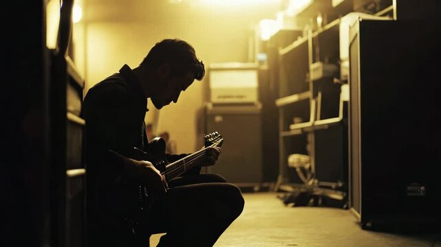 A moody and atmospheric image of a musician sitting backstage, deep in thought while holding an electric guitar. The warm, dim lighting creates a sense of introspection, passion, and dedication 