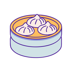 Steamed Dumplings in Colorful Bamboo Basket Illustration, A vibrant vector illustration of three steamed dumplings placed in a colorful bamboo steamer basket.
