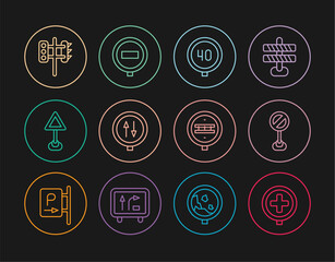 Set line Hospital road traffic, Stop sign, Speed limit, Road warning two way, Triangle blank, Traffic light, Railroad crossing and icon. Vector