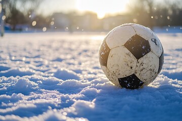 Frozen Soccer Ball on Snowy Field, Winter Sports, Cold Weather Fun, Outdoor Activities, Winter Wonderland, Recreation, Ball in Snow