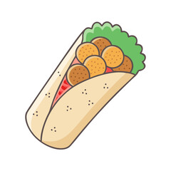 Falafel Wrap with Lettuce and Tomato Illustration, A vibrant vector illustration of a falafel wrap filled with falafel, lettuce, and tomato, wrapped in a tortilla.
