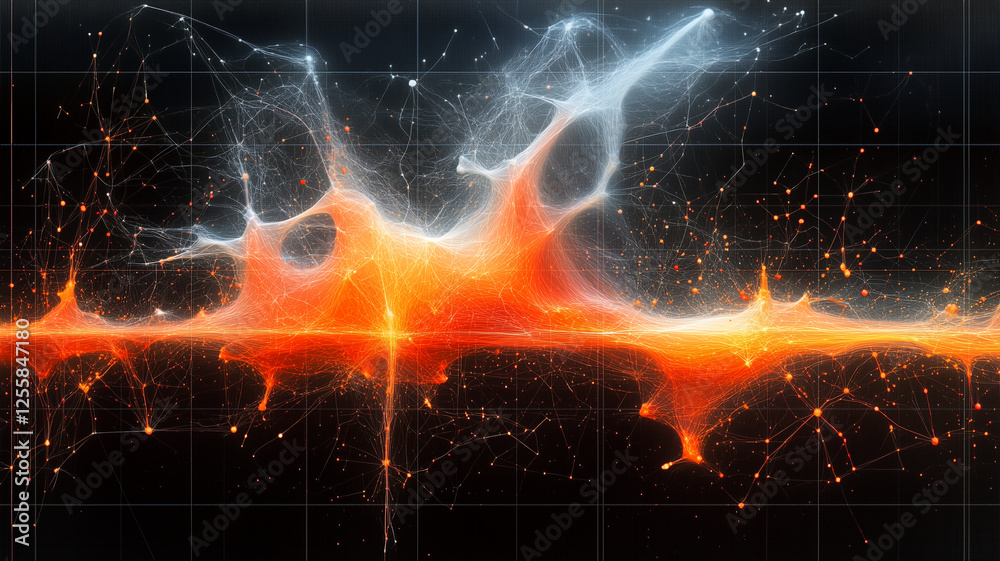 Wall mural Abstract digital art depicting vibrant orange and white lines against dark background, resembling cosmic or neural network. intricate patterns evoke sense of energy and movement