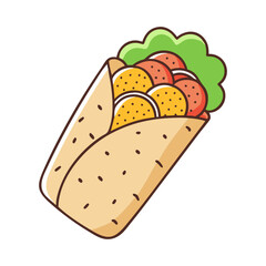 Falafel Wrap with Greens and Vegetables Illustration, A vibrant vector illustration of a falafel wrap filled with greens, vegetables, and delicious falafel balls.
