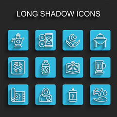 Set line Traditional carpet, Muslim woman in hijab, Islamic teapot, Ramadan Kareem lantern, Wudhu, Bottle of water, Medieval goblet and Holy book Koran icon. Vector