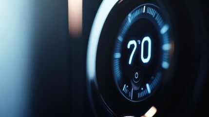 Smart thermostat displaying 70 degrees in a modern home setting