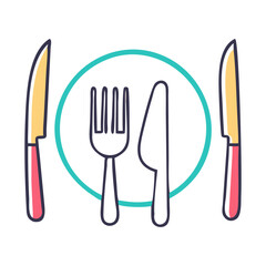 Vector Illustration of Fork, Knife, and Plate, A clean and simple vector illustration of a fork, knife, and plate, ideal for dining or food-related themes.

