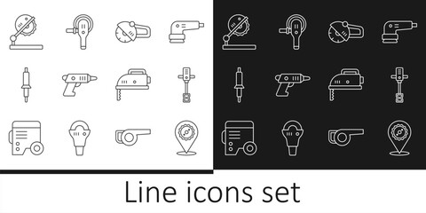 Set line Circular saw blade, Electrical hand concrete mixer, Angle grinder, cordless screwdriver, Soldering iron, Table for woodwork, jigsaw and icon. Vector