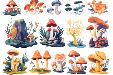 Naklejka premium Colorful Collection of Fantasy Mushrooms and Whimsical Fungi Art with white background
