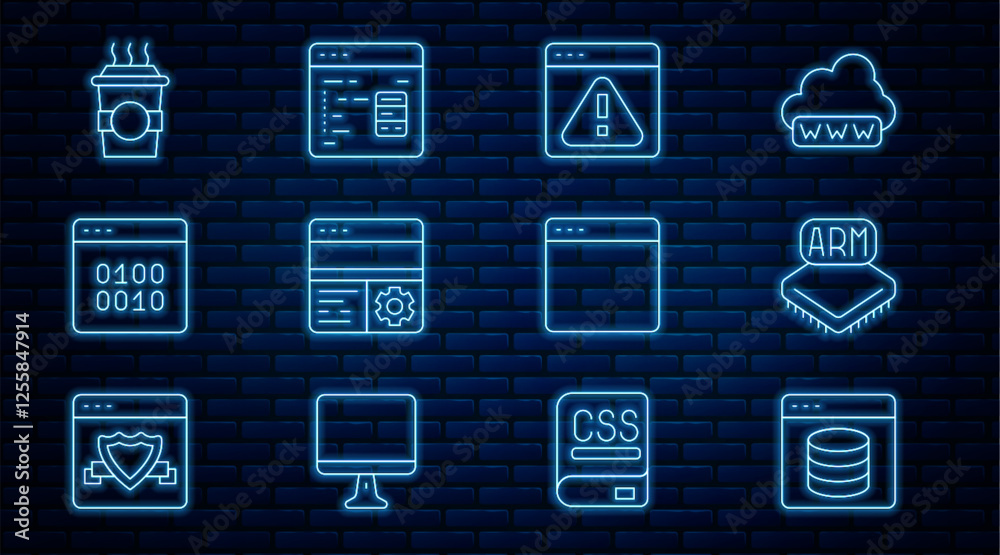 Poster Set line Server, Data, Web Hosting, Processor, Browser with exclamation mark, Debugging, Binary code, Coffee cup to go, window and Software icon. Vector