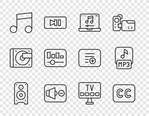 Set line Stereo speaker, Subtitles, Laptop with music, Speaker mute, Music note, tone, equalizer, Smart Tv and MP3 file icon. Vector