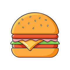 Vector Illustration of Cheeseburger with Lettuce and Tomato, A vector illustration of a cheeseburger with a slice of cheese, lettuce, tomato, and a sesame seed bun.
