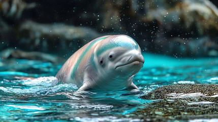 Fototapeta premium Beluga whale swimming in clear turquoise water with gentle bubbles rising around it in a natural habitat setting