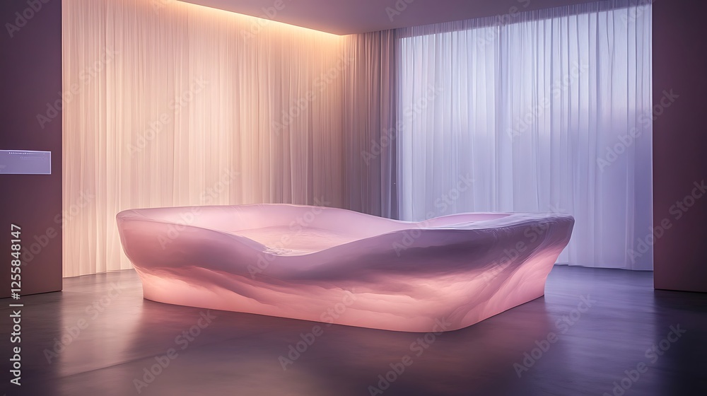 Aufkleber a modern, artistic bed design with soft curves, illuminated by ambient light, set in a minimalist ro