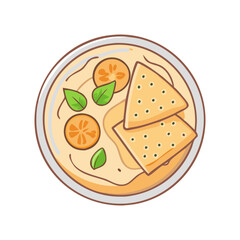 Vector Illustration of Hummus with Crackers and Garnish, A vector illustration of a bowl of hummus served with crackers and garnished with orange slices and mint leaves.
