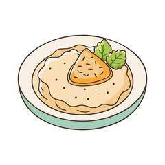 Vector Illustration of Hummus with Pita Bread and Mint, A vector illustration of a plate of hummus with a slice of pita bread, garnished with fresh mint leaves.
