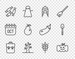 Set line School backpack, Pumpkin, Winter hat, Bare tree, Candy, Pear, Wheat and Shovel icon. Vector
