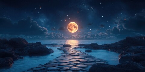 Enchanted Moonlight Path: A Serene Night by the Sea