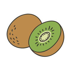 Obraz premium Vector Illustration of Kiwi Fruit with Slice, A vector illustration of a whole kiwi fruit with a sliced section showing its green flesh and black seeds. 