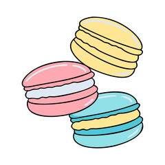 Vector Illustration of Colorful Macarons Stacked, A vector illustration of stacked colorful macarons in pastel pink, yellow, and blue, representing a sweet and light dessert.
