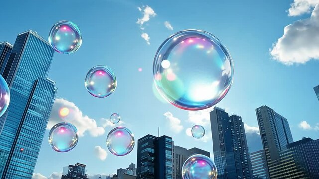 Skyscraper Enclosure Towering digital edifices encase the wealthy in bright floating bubbles while the lower levels remain cloaked in layers of smog creating a visual barrier of wealth.