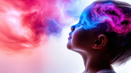Child imagining, vibrant colors representing creative thoughts