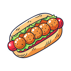 Vector Illustration of Hot Dog with Meatballs and Toppings, A vector illustration of a hot dog with meatballs, lettuce, and tomatoes, offering a delicious and savory meal.
